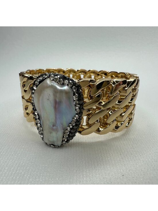 Jewelry - Gold Tone Rhinestone Encrusted Baroque Pearl Curb Chain Cuff Bracelet Glam